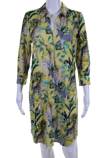 L'Agence Womens Jungle Print 3/4 Sleeve Knee Length Shirt Dress Yellow Size S