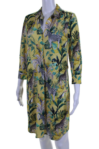 L'Agence Womens Jungle Print 3/4 Sleeve Knee Length Shirt Dress Yellow Size S