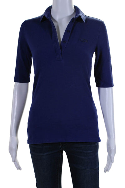 Lacoste Womens Cotton Collared Half Sleeve Polo Shirt Top Royal Blue Size 34