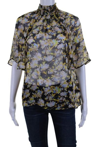 Joie Womens Silk Floral Print Smocked Mock Neck Unlined Blouse Black Size 2XS