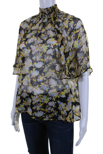 Joie Womens Silk Floral Print Smocked Mock Neck Unlined Blouse Black Size 2XS