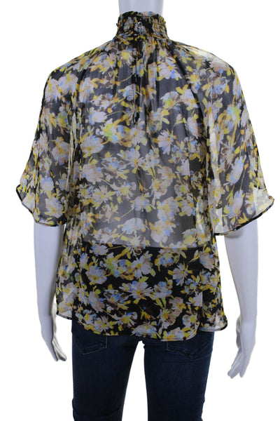 Joie Womens Silk Floral Print Smocked Mock Neck Unlined Blouse Black Size 2XS