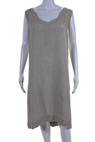 Flax Womens Linen Striped Round Neck Sleeveless High Low Dress Beige Size M