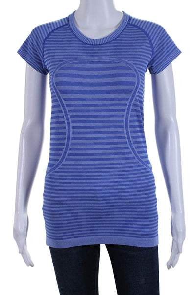 Lululemon Womens Striped Textured Short Sleeve Pullover Casual Top Blue Size M