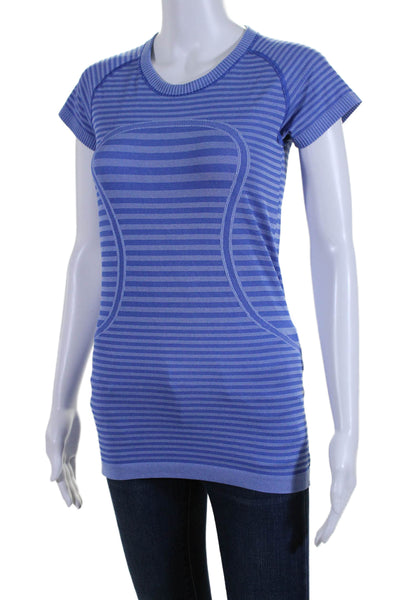 Lululemon Womens Striped Textured Short Sleeve Pullover Casual Top Blue Size M