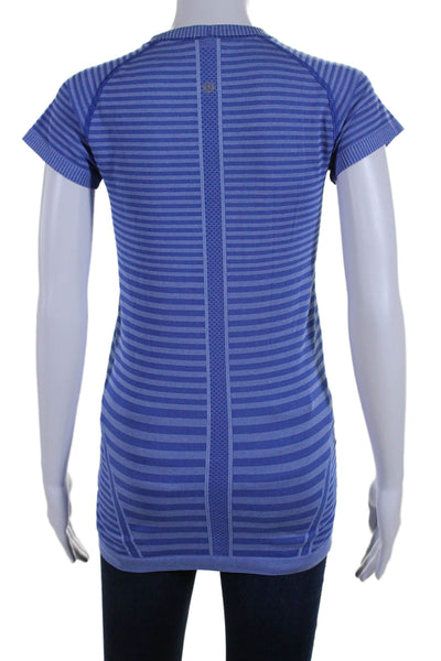 Lululemon Womens Striped Textured Short Sleeve Pullover Casual Top Blue Size M