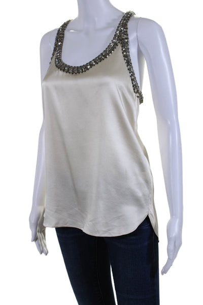 Adam Adam Lippes Womens Beige Silk Beaded Scoop Neck Sleeveless Blouse Top Size2