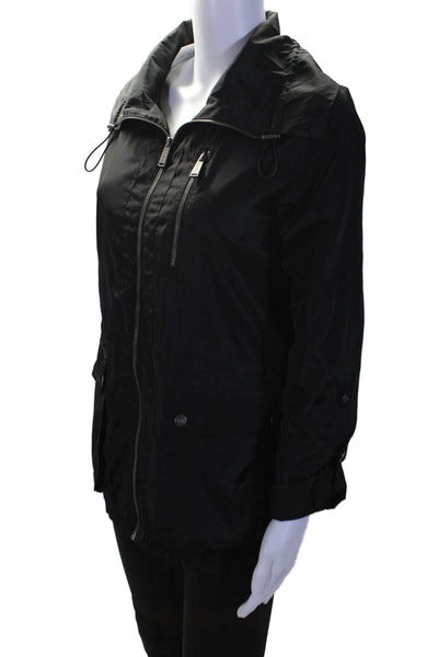 DKNY Women's Collared Long Sleeves Full Zip Cinch Rain Jacket Black Size XS