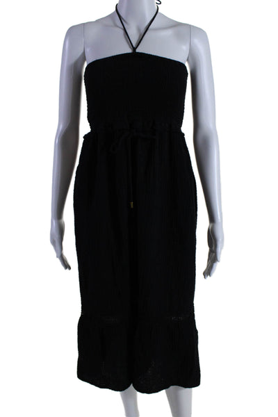 La Blanca Womens Cotton Gauze Halter Neck Smocked Long Maxi Dress Black Size S