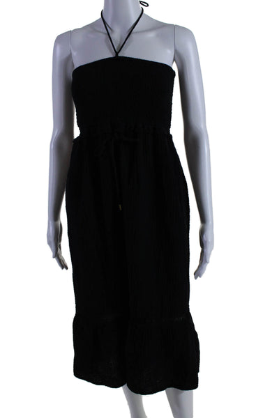 La Blanca Womens Cotton Gauze Halter Neck Smocked Long Maxi Dress Black Size S