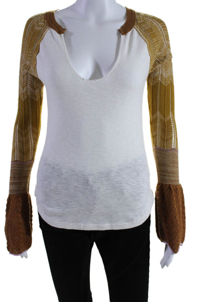 We The Free Womens Cotton Colorblock Print Long Sleeve V-Neck Top White Size XS