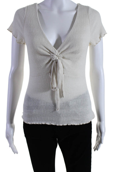 Le Lis Womens Short Sleeve Tie Front Cut Out V-Neck Cropped Top White Size S