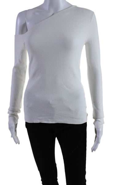 525 Womens Knit Long Sleeve Asymmetrical One Shoulder Top Bright White Size S