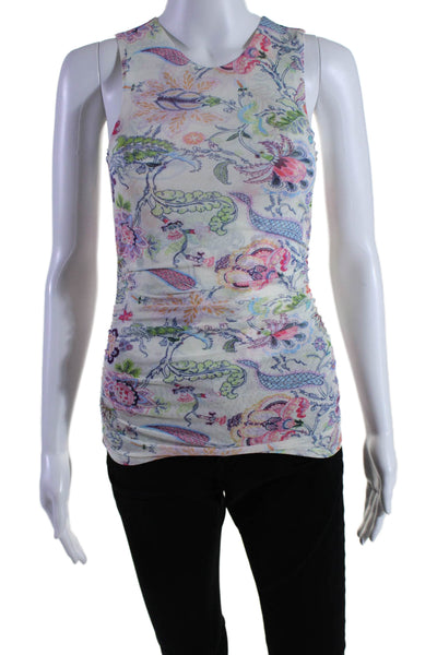 Cinq à Sept Womens Mesh Sleeveless Gathered Floral Print Blouse Multi Size XS