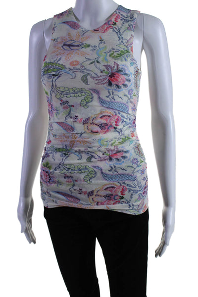 Cinq à Sept Womens Mesh Sleeveless Gathered Floral Print Blouse Multi Size XS