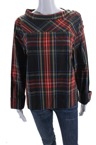 J Crew Women's Round Neck Long Sleeves High Low Hem Plaid Blouse Size 6