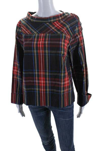 J Crew Women's Round Neck Long Sleeves High Low Hem Plaid Blouse Size 6