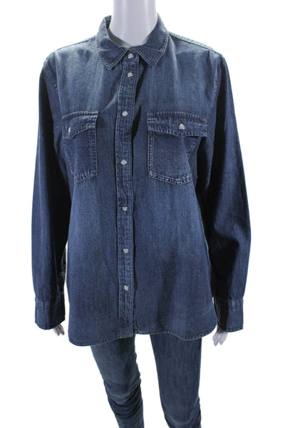 J Crew Womens Collared Long Sleeves Button Down Patch Pockets Denim Shirt Size 2