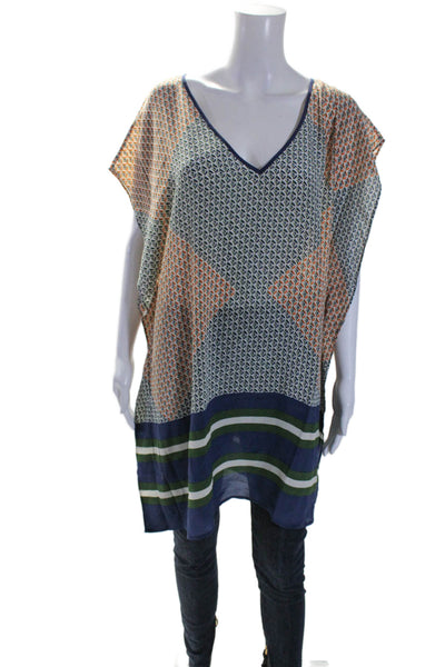 J Crew Women's V-Neck Short Sleeves Asymmetrical Tunic Blouse Multicolor Size L