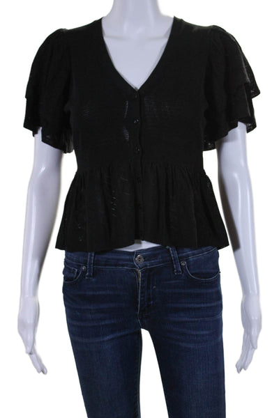 Ba&Sh Womens Short Sleeve Button Down Flare Knit Top Black Size XS