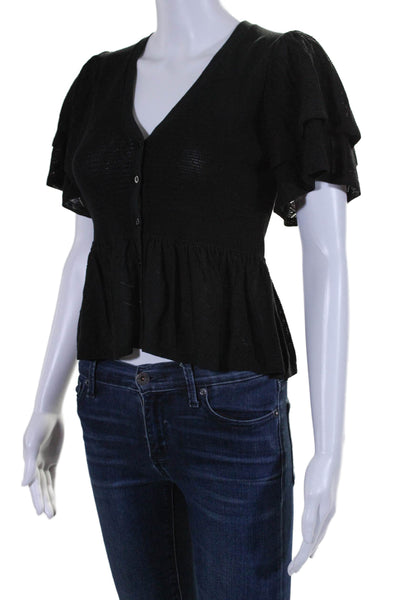 Ba&Sh Womens Short Sleeve Button Down Flare Knit Top Black Size XS