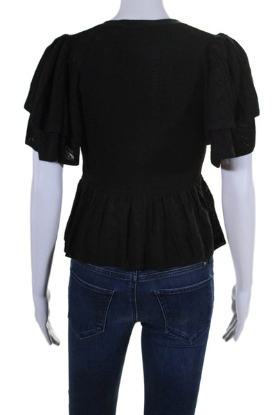 Ba&Sh Womens Short Sleeve Button Down Flare Knit Top Black Size XS