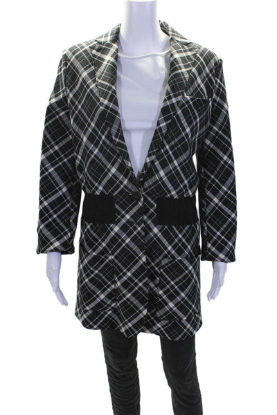 Krizia Womens Button Front V Neck Plaid Coat Black White Wool Size Small