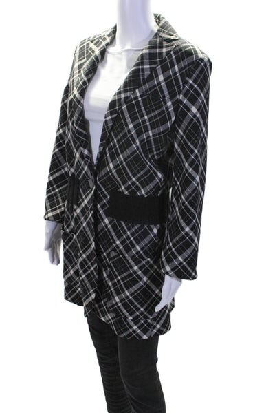 Krizia Womens Button Front V Neck Plaid Coat Black White Wool Size Small