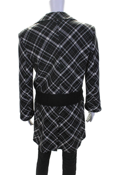 Krizia Womens Button Front V Neck Plaid Coat Black White Wool Size Small