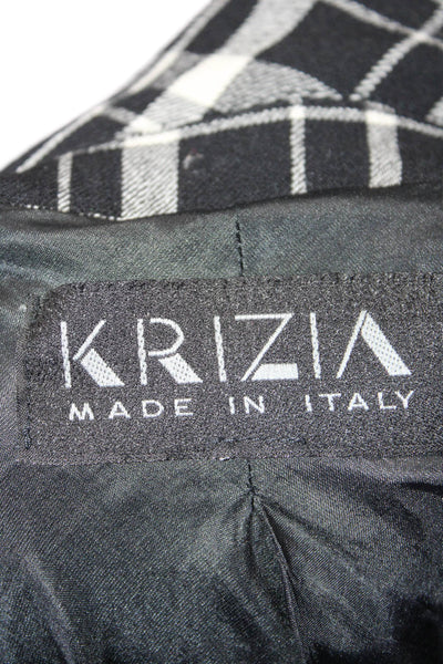 Krizia Womens Button Front V Neck Plaid Coat Black White Wool Size Small