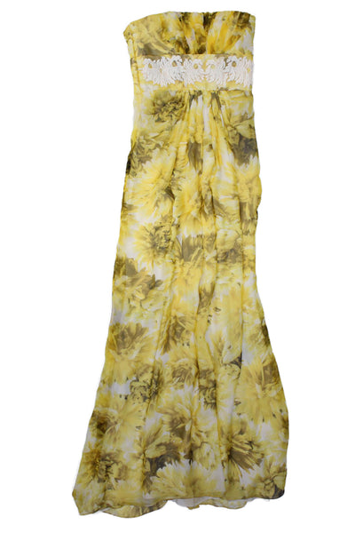 Giambattista Valli Womens Strapless Floral Silk Gown Yellow White Size Small