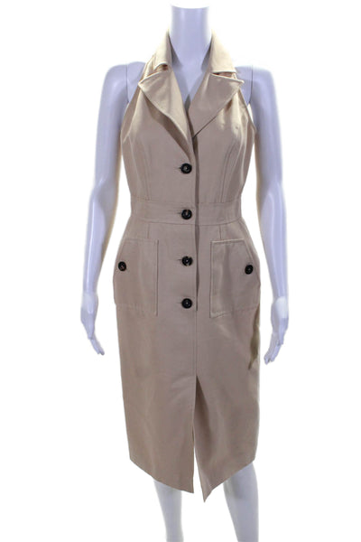 Oscar de la Renta Womens Button Front Notched Lapel Sheath Dress Beige Size 4