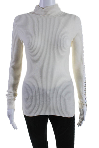 Autumn Cashmere Womens Merino Wool Turtleneck Ring Detail Knit Top Cream Size XS