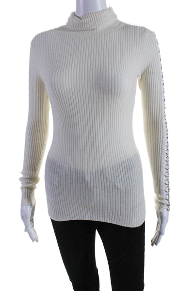 Autumn Cashmere Womens Merino Wool Turtleneck Ring Detail Knit Top Cream Size XS