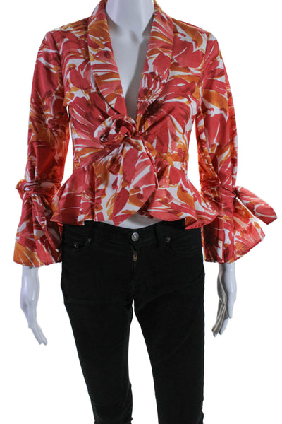 Alexis Womens Floral Print Bell Sleeve Tie Waist Blouse Pink Orange Size XS