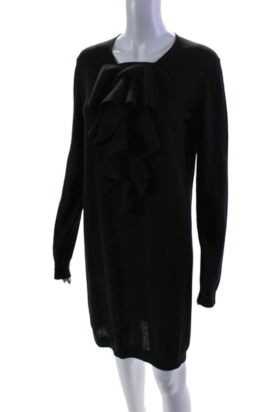 Fendi Womens Long Sleeve Scoop Neck Ruffled Sweater Dress Black Wool Size IT 40