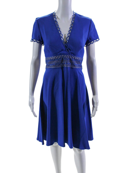 NK 32 Naeem Khan Womens Back Zip Scalloped V Neck A Line Dress Blue Size 4