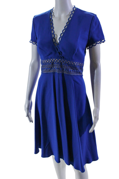 NK 32 Naeem Khan Womens Back Zip Scalloped V Neck A Line Dress Blue Size 4