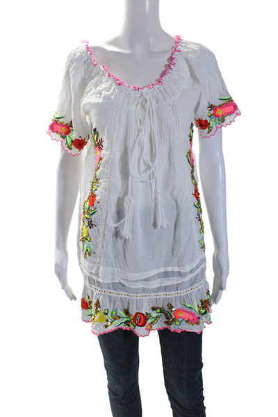 PilyQ Women's Boat Neck Short Sleeves Embroidered Floral Blouse White Size M