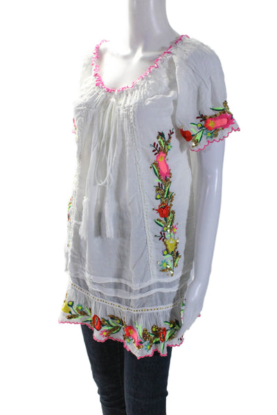 PilyQ Women's Boat Neck Short Sleeves Embroidered Floral Blouse White Size M