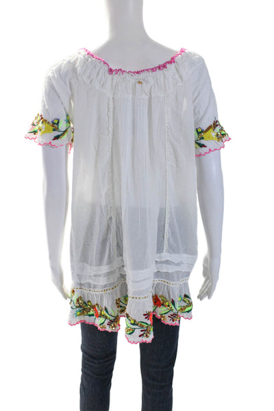 PilyQ Women's Boat Neck Short Sleeves Embroidered Floral Blouse White Size M