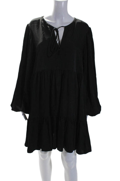 Fil De Vie Women's Round Neck Long Sleeves Tiered Tassel Mini Dress Black Size M