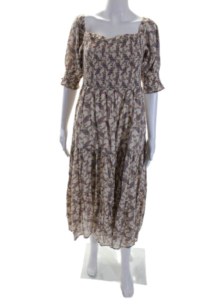 Saks Fifth Avenue Womens Cotton Paisley Print Mid Calf Tiered Dress Beige Size L