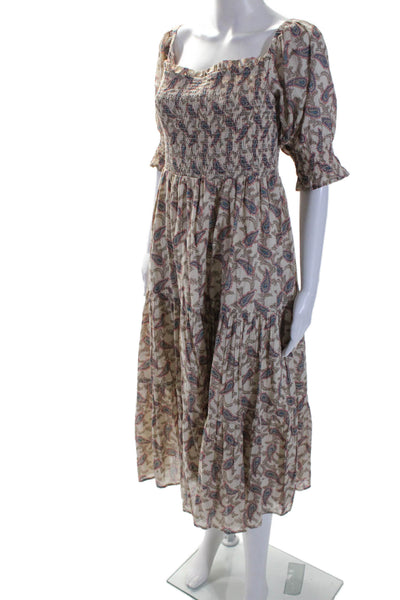 Saks Fifth Avenue Womens Cotton Paisley Print Mid Calf Tiered Dress Beige Size L