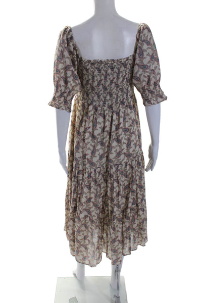 Saks Fifth Avenue Womens Cotton Paisley Print Mid Calf Tiered Dress Beige Size L