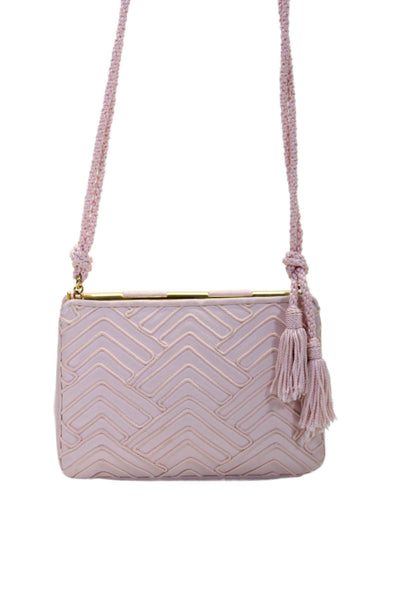 Judith Leiber Grained Leather Chevron Embroidery Small Shoulder Handbag Pink