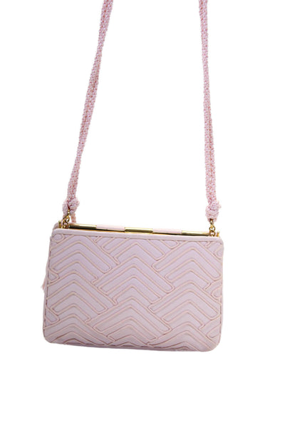 Judith Leiber Grained Leather Chevron Embroidery Small Shoulder Handbag Pink