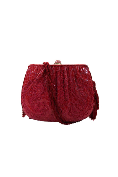 Judith Leiber Embossed Leather Paisley Embroidery Small Shoulder Handbag Red