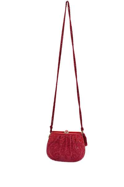 Judith Leiber Embossed Leather Paisley Embroidery Small Shoulder Handbag Red