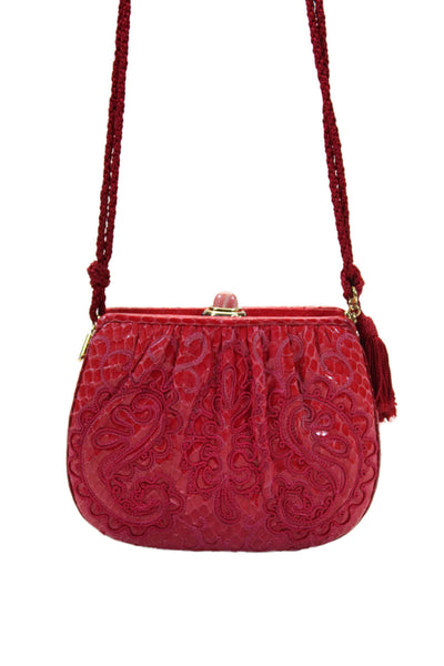 Judith Leiber Embossed Leather Paisley Embroidery Small Shoulder Handbag Red